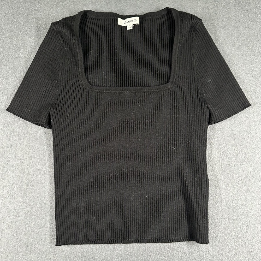 Madewell Shirt Womens Small Black Ribbed Square Neck Short Sleeve‎ Stretch Top